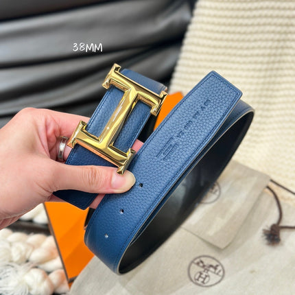 HM 5382 BELT GOLD BUCKLE & REVERSIBLE NAVY BLUE LEATHER STRAP 38MM