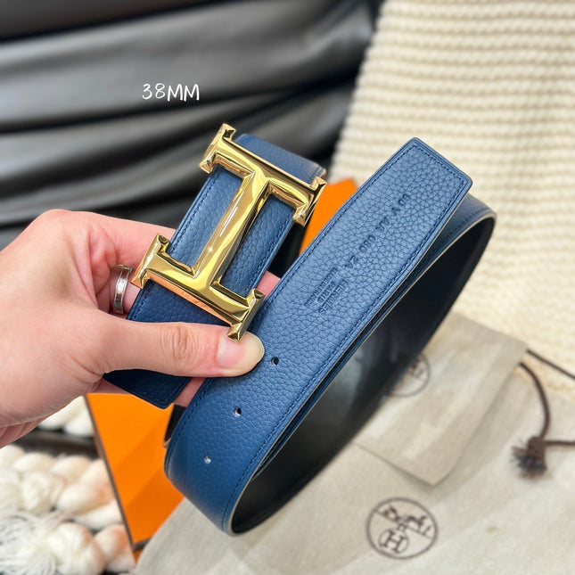 HM 5382 BELT GOLD BUCKLE & REVERSIBLE NAVY BLUE LEATHER STRAP 38MM