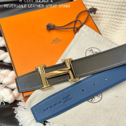 HM 5382 BELT GOLD BUCKLE & REVERSIBLE NAVY BLUE LEATHER STRAP 38MM