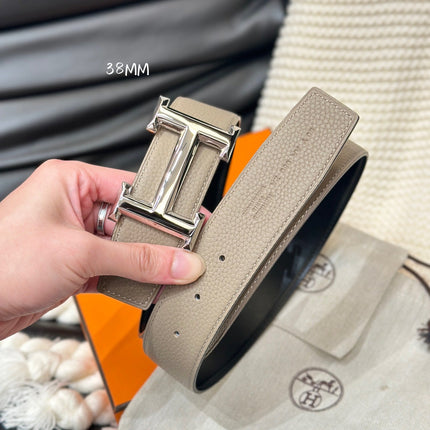 HM 5382 BELT SILVER BUCKLE & REVERSIBLE CAMEL BROWN LEATHER STRAP 38MM