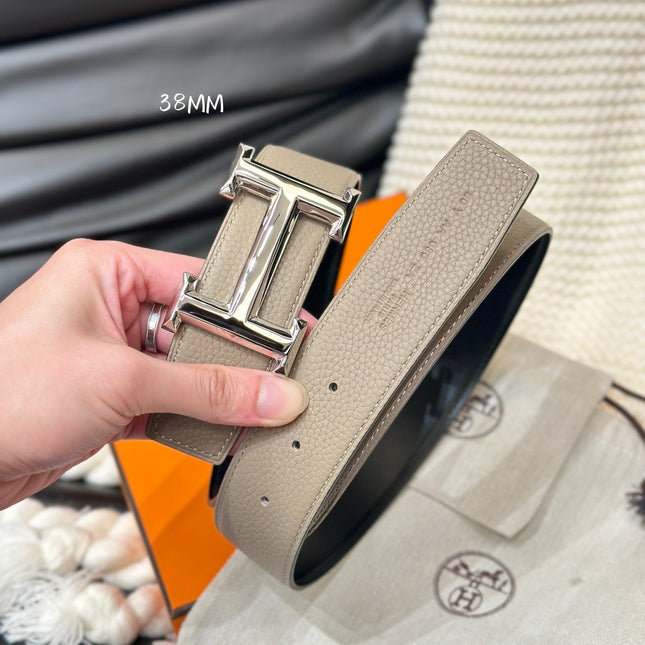 HM 5382 BELT SILVER BUCKLE & REVERSIBLE CAMEL BROWN LEATHER STRAP 38MM