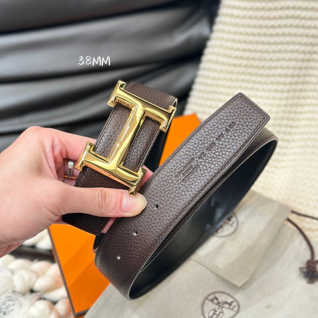 HM 5382 BELT GOLD BUCKLE & REVERSIBLE BLACK LEATHER STRAP 38MM