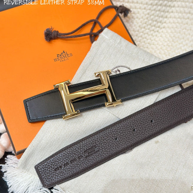 HM 5382 BELT GOLD BUCKLE & REVERSIBLE BLACK LEATHER STRAP 38MM