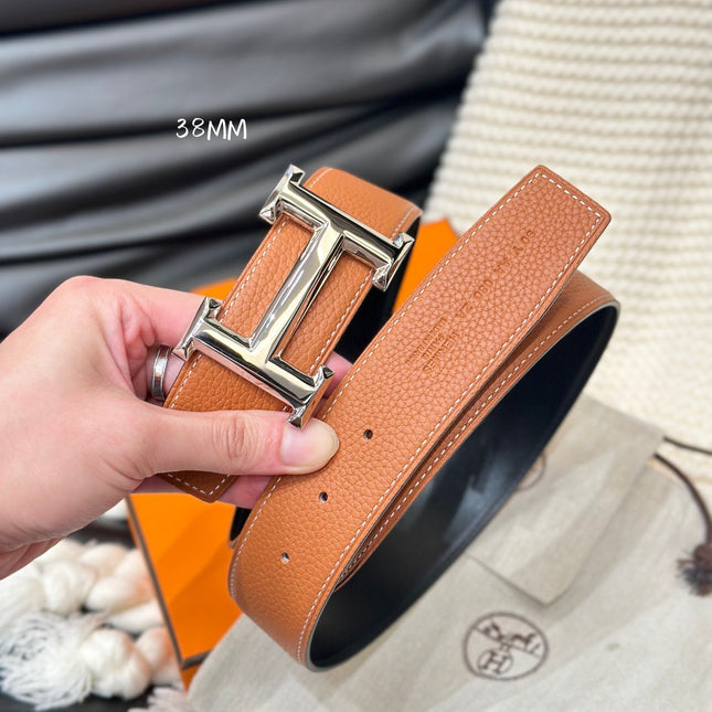 HM 5382 BELT SILVER BUCKLE & REVERSIBLE ORANGE LEATHER STRAP 38MM