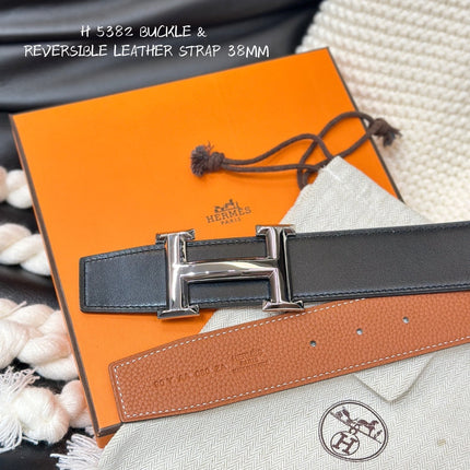 HM 5382 BELT SILVER BUCKLE & REVERSIBLE ORANGE LEATHER STRAP 38MM