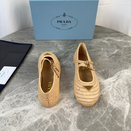 PRADA 25S BALLET FLAT IN NATURAL RAFFIA AND CALFSKIN