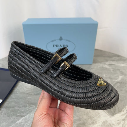 PRADA 25S BALLET FLAT IN BLACK RAFFIA AND CALFSKIN