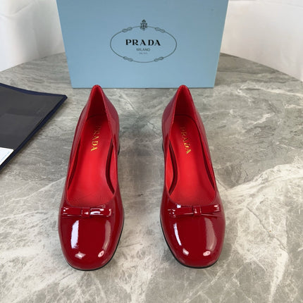 PRADA 25S LOW HEELS SLIP ON BOW 45MM IN DARK WINE RED GLOSSY CALFSKIN