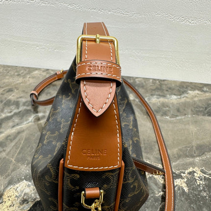 CELINE 25S TEEN LULU BAG 24 IN BLACK TRIOMPHE CANVAS AND BROWN CALFSKIN TRIM