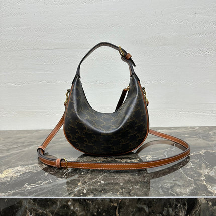 CELINE 25S TEEN LULU BAG 24 IN BLACK TRIOMPHE CANVAS AND BROWN CALFSKIN TRIM