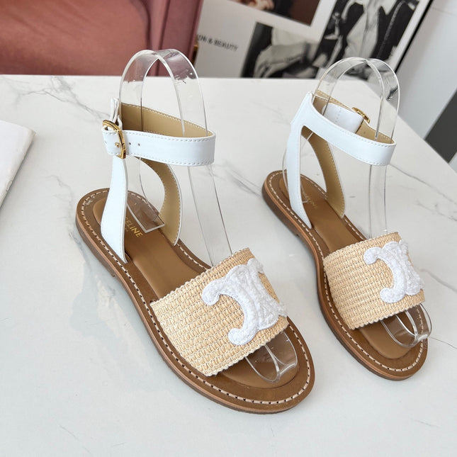 TRIOMPHE SANDALS BEIGE RAFFIA WHITE WOOL
