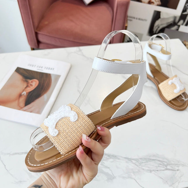 TRIOMPHE SANDALS BEIGE RAFFIA WHITE WOOL