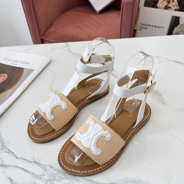TRIOMPHE SANDALS BEIGE RAFFIA WHITE WOOL