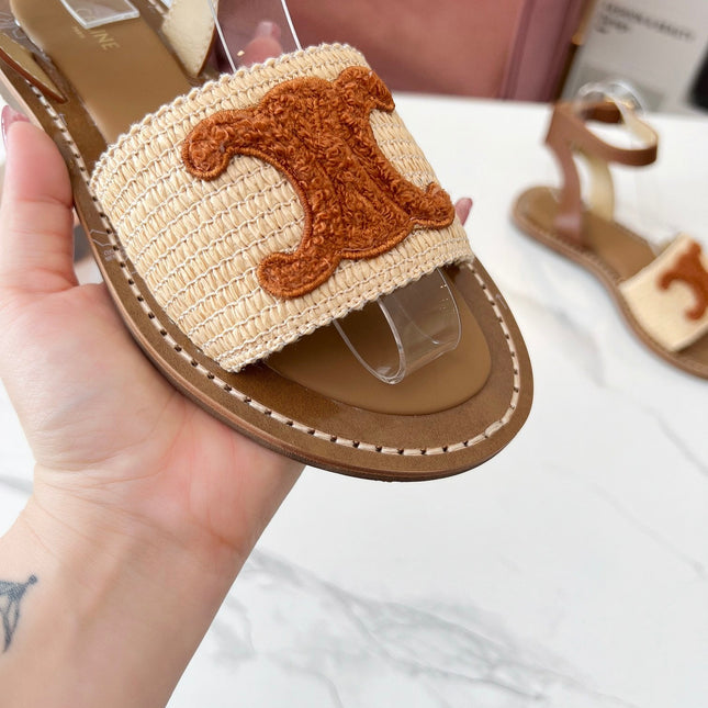 TRIOMPHE SANDALS BEIGE RAFFIA BROWN WOOL