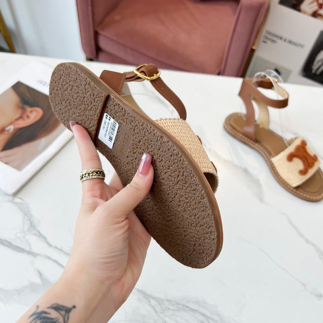 TRIOMPHE SANDALS BEIGE RAFFIA BROWN WOOL