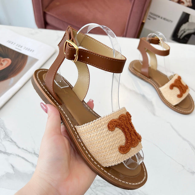 TRIOMPHE SANDALS BEIGE RAFFIA BROWN WOOL