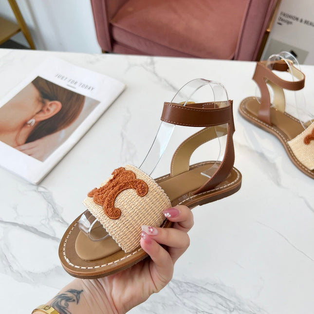 TRIOMPHE SANDALS BEIGE RAFFIA BROWN WOOL