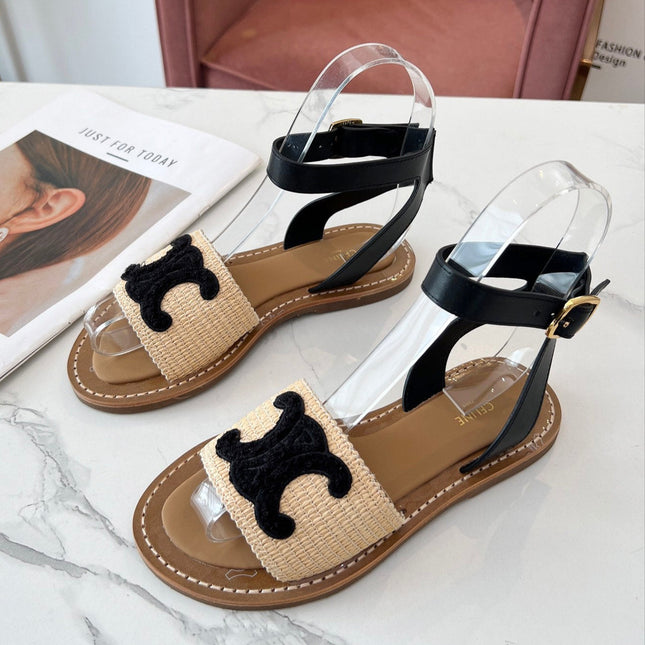 TROMPHE SANDALS BEIGE RAFFIA BLACK WOOL