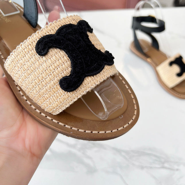 TROMPHE SANDALS BEIGE RAFFIA BLACK WOOL