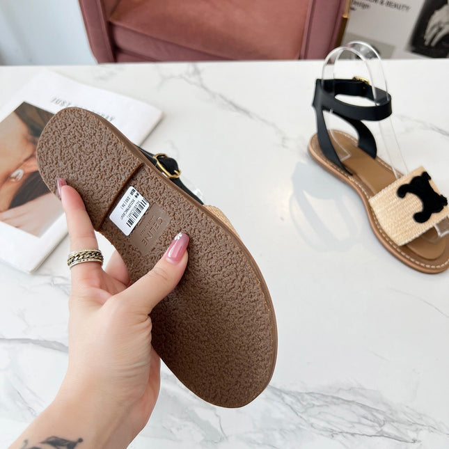 TROMPHE SANDALS BEIGE RAFFIA BLACK WOOL