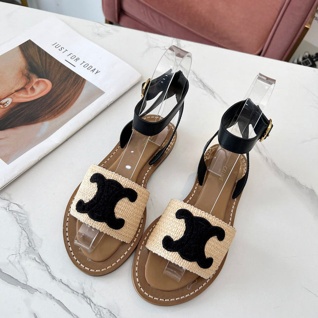 TROMPHE SANDALS BEIGE RAFFIA BLACK WOOL