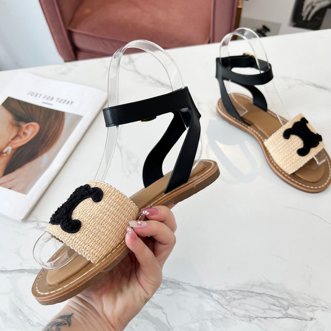 TROMPHE SANDALS BEIGE RAFFIA BLACK WOOL