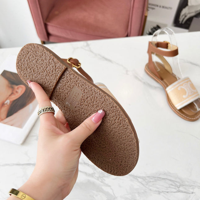 LYMPIA SANDAL IN BISQUE BEIGE MIX WHITE TRIOMPHE JACQUARD CANVAS & CALFSKIN