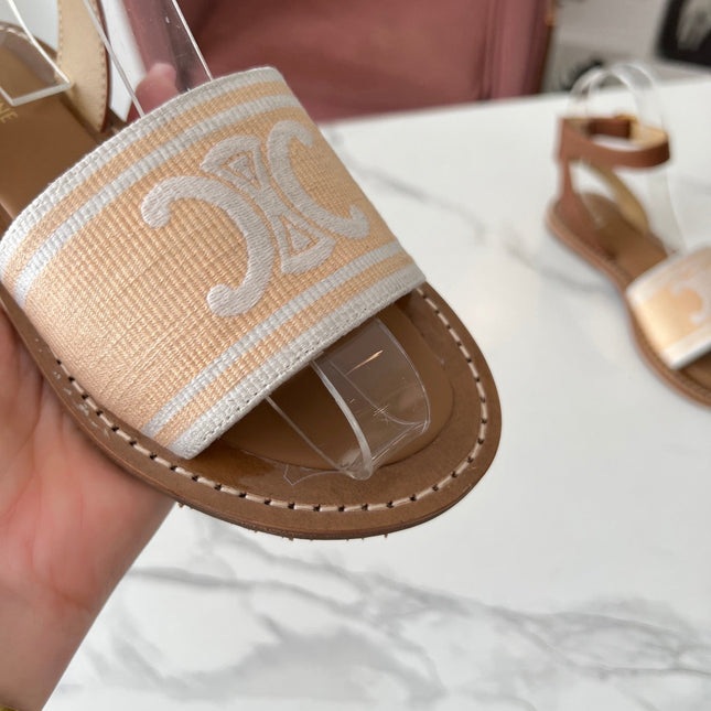 LYMPIA SANDAL IN BISQUE BEIGE MIX WHITE TRIOMPHE JACQUARD CANVAS & CALFSKIN