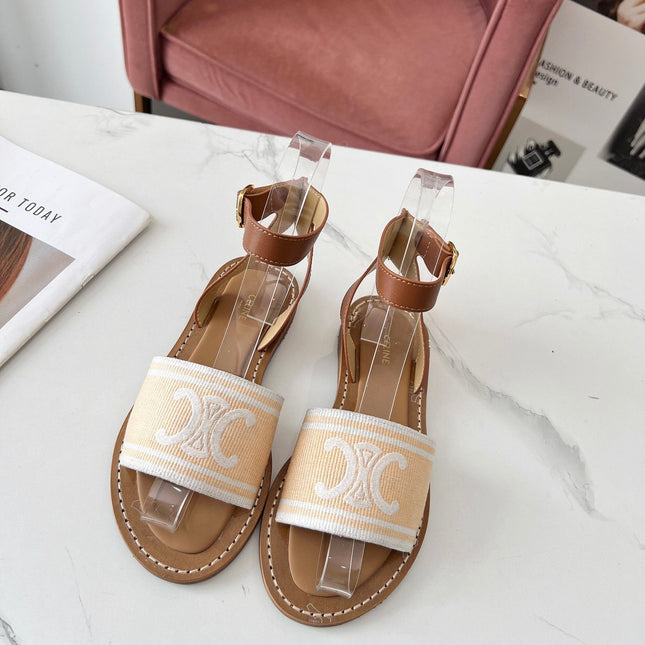 LYMPIA SANDAL IN BISQUE BEIGE MIX WHITE TRIOMPHE JACQUARD CANVAS & CALFSKIN