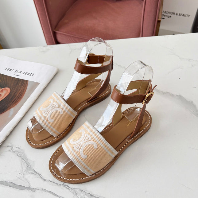 LYMPIA SANDAL IN BISQUE BEIGE MIX WHITE TRIOMPHE JACQUARD CANVAS & CALFSKIN