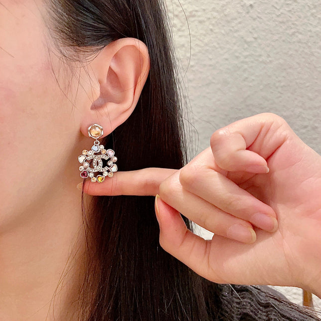 DOUBLE C STUD EARRINGS IN SILVER METAL WHITE PEARL MULTICOLOR STONES