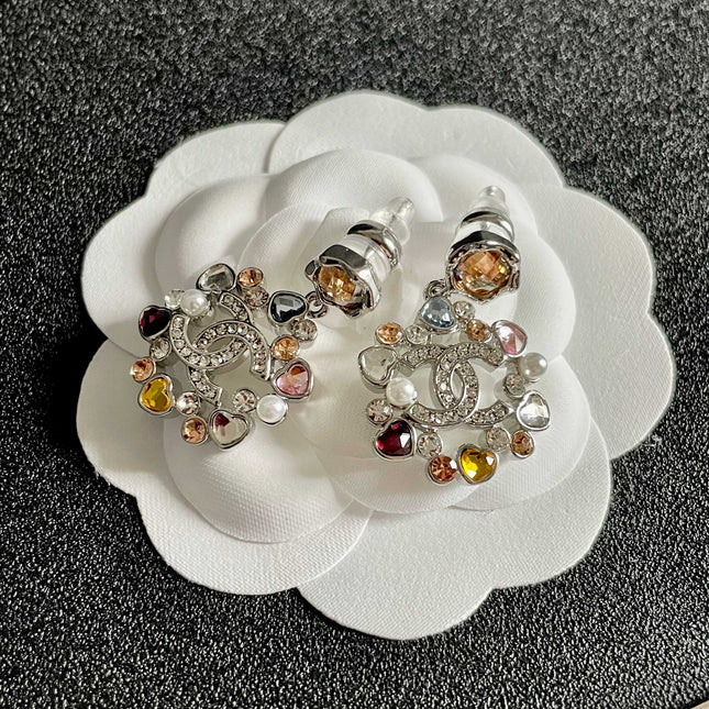 DOUBLE C STUD EARRINGS IN SILVER METAL WHITE PEARL MULTICOLOR STONES