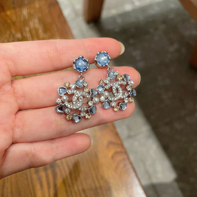 DOUBLE C STUD EARRINGS IN SILVER METAL WHITE PEARL GOLD AND BLUE STONES