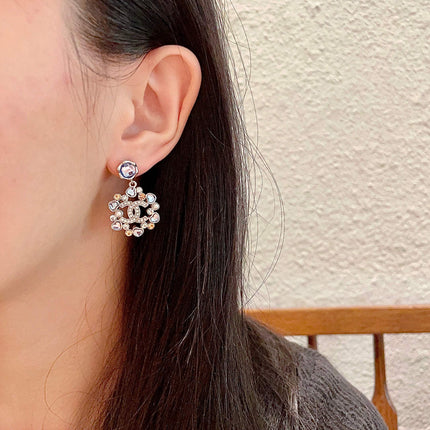 DOUBLE C STUD EARRINGS IN SILVER METAL WHITE PEARL GOLD AND BLUE STONES