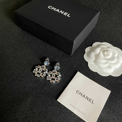 DOUBLE C STUD EARRINGS IN SILVER METAL WHITE PEARL GOLD AND BLUE STONES