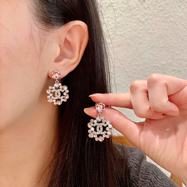 DOUBLE C STUD EARRINGS IN SILVER METAL WHITE & PINK STONES