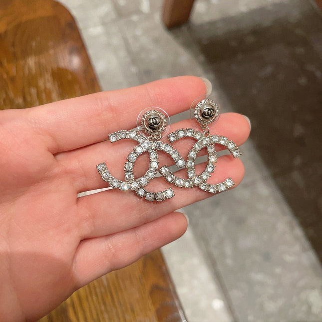 VINTAGE DOUBLE C STUD EARRINGS IN GOLD METAL FULLY EMBELLISHED CRYSTALS