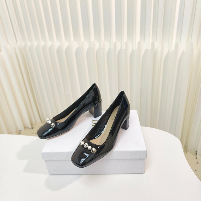 DIOR HIGH HEEL 55 MM 25S IN BLACK LAMBSKIN PEARL DETAILING