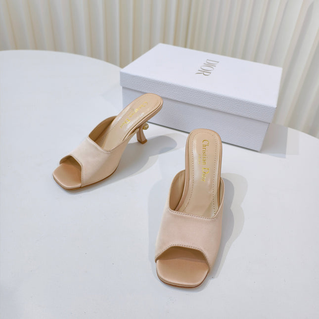 DIOR EMBELLISHED HIGH HEEL SLIDES 25S IN LIGHT BEIGE SATIN