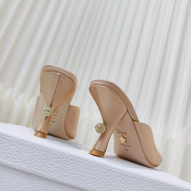 DIOR EMBELLISHED HIGH HEEL SLIDES 25S IN LIGHT BEIGE SATIN