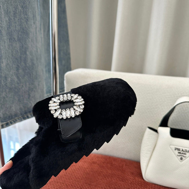 SLIDY VIV' MULES IN BLACK WOOL WITH STRASS BUCKLE