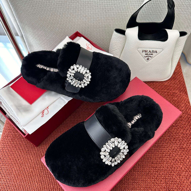 SLIDY VIV' MULES IN BLACK WOOL WITH STRASS BUCKLE