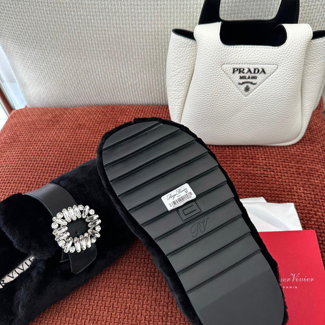 SLIDY VIV' MULES IN BLACK WOOL WITH STRASS BUCKLE