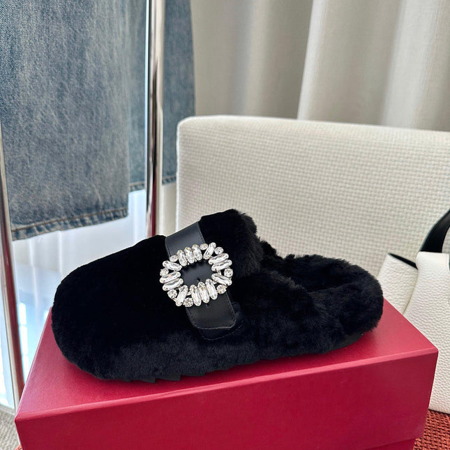 SLIDY VIV' MULES IN BLACK WOOL WITH STRASS BUCKLE