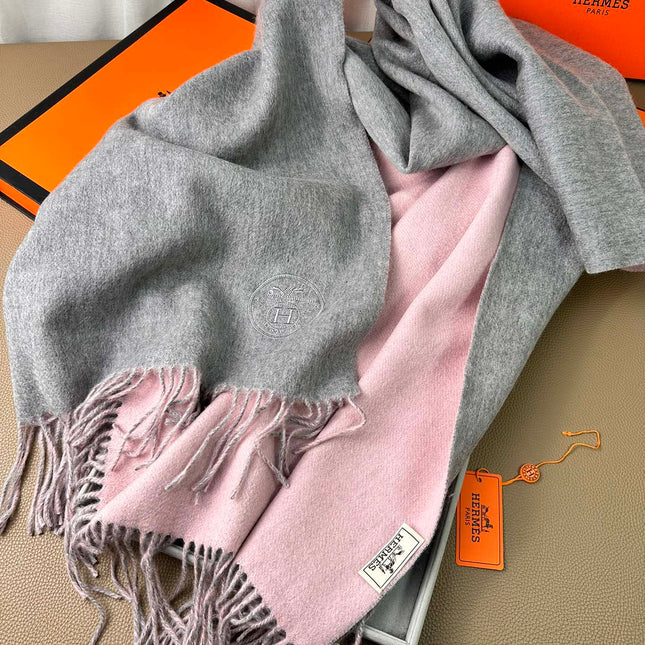 DOUBLE-FACE SCARF 200 CM IN LIGHT PINK AND GREY CASHMERE