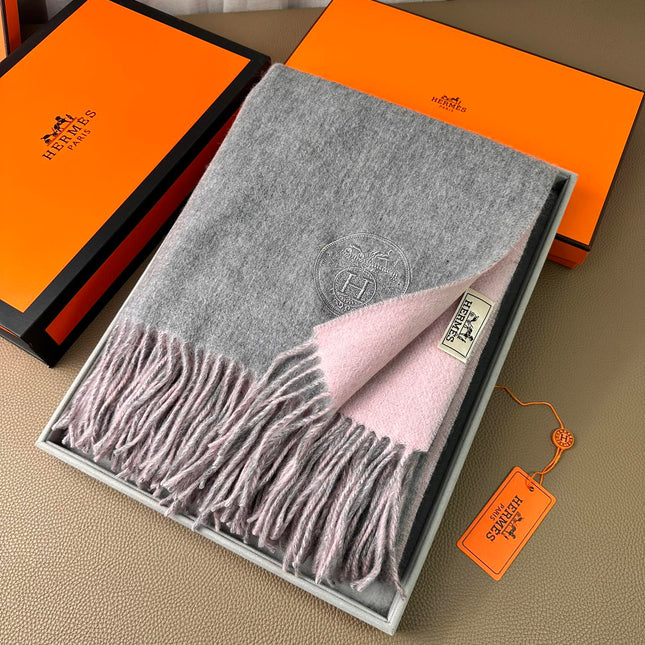 DOUBLE-FACE SCARF 200 CM IN LIGHT PINK AND GREY CASHMERE