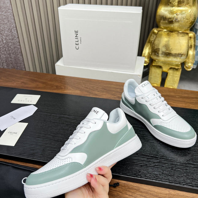 SNEAKER WITH TRIOMPHE IN WHITE MIX PEWTER GREEN CALFSKIN