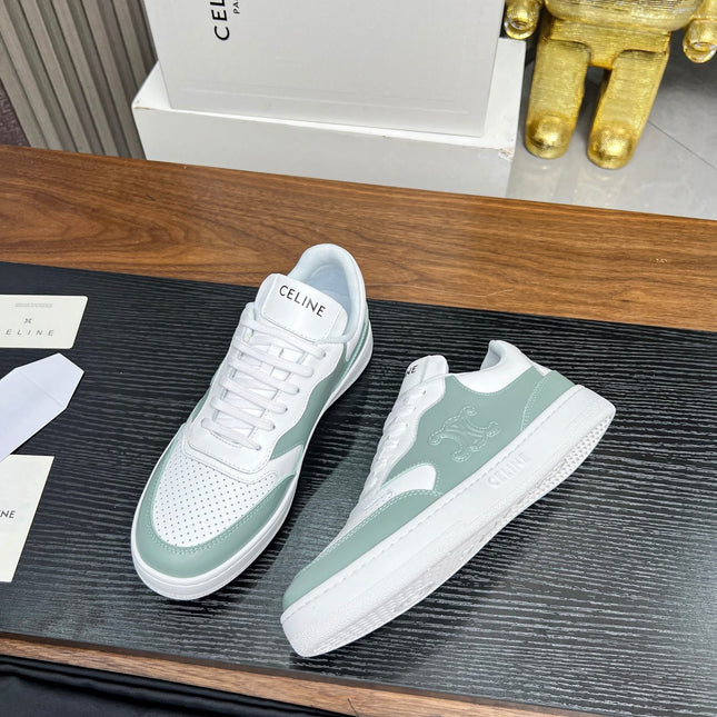 SNEAKER WITH TRIOMPHE IN WHITE MIX PEWTER GREEN CALFSKIN