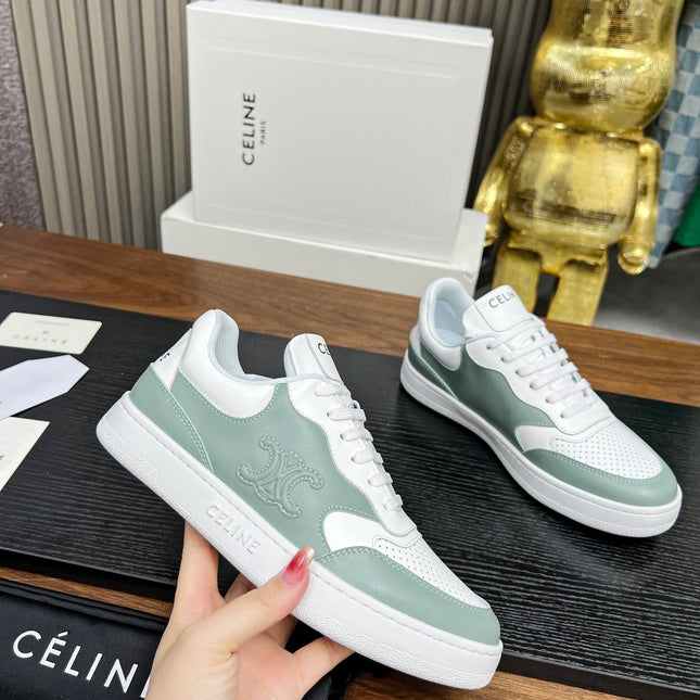 SNEAKER WITH TRIOMPHE IN WHITE MIX PEWTER GREEN CALFSKIN