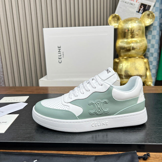 SNEAKER WITH TRIOMPHE IN WHITE MIX PEWTER GREEN CALFSKIN